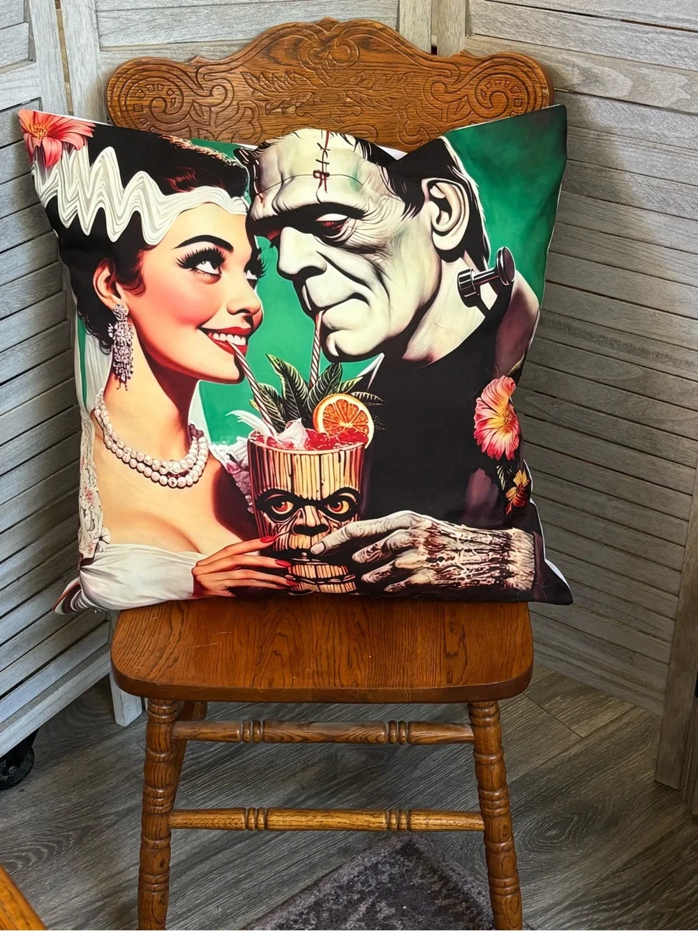 BRAND NEW Retro Frankenstein & Bride Tiki Bar Cocktail TimeOversized ThrowPillow